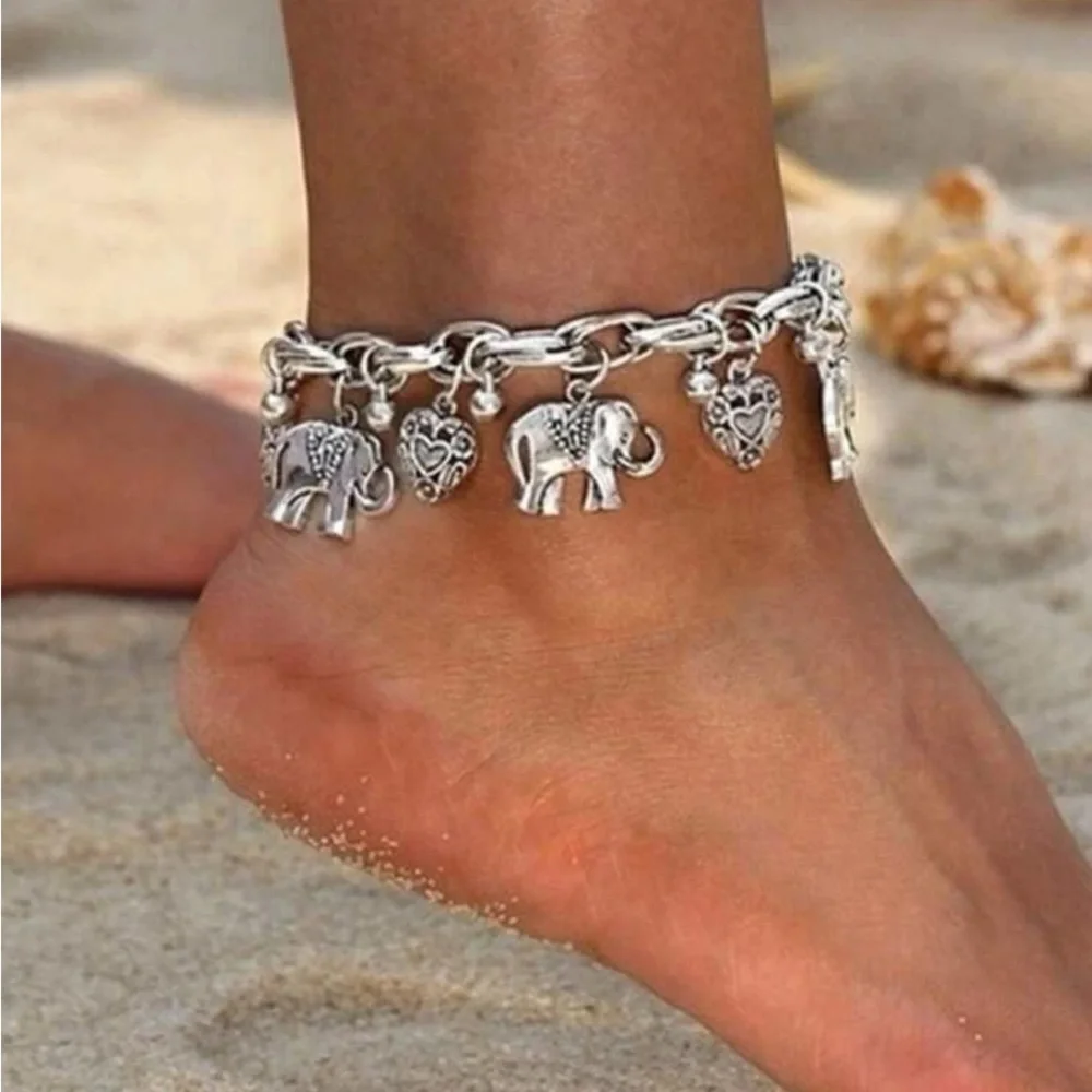 Silver Elephant & Heart Charm Anklet - Women's Jewelry - Picture 1 of 5
